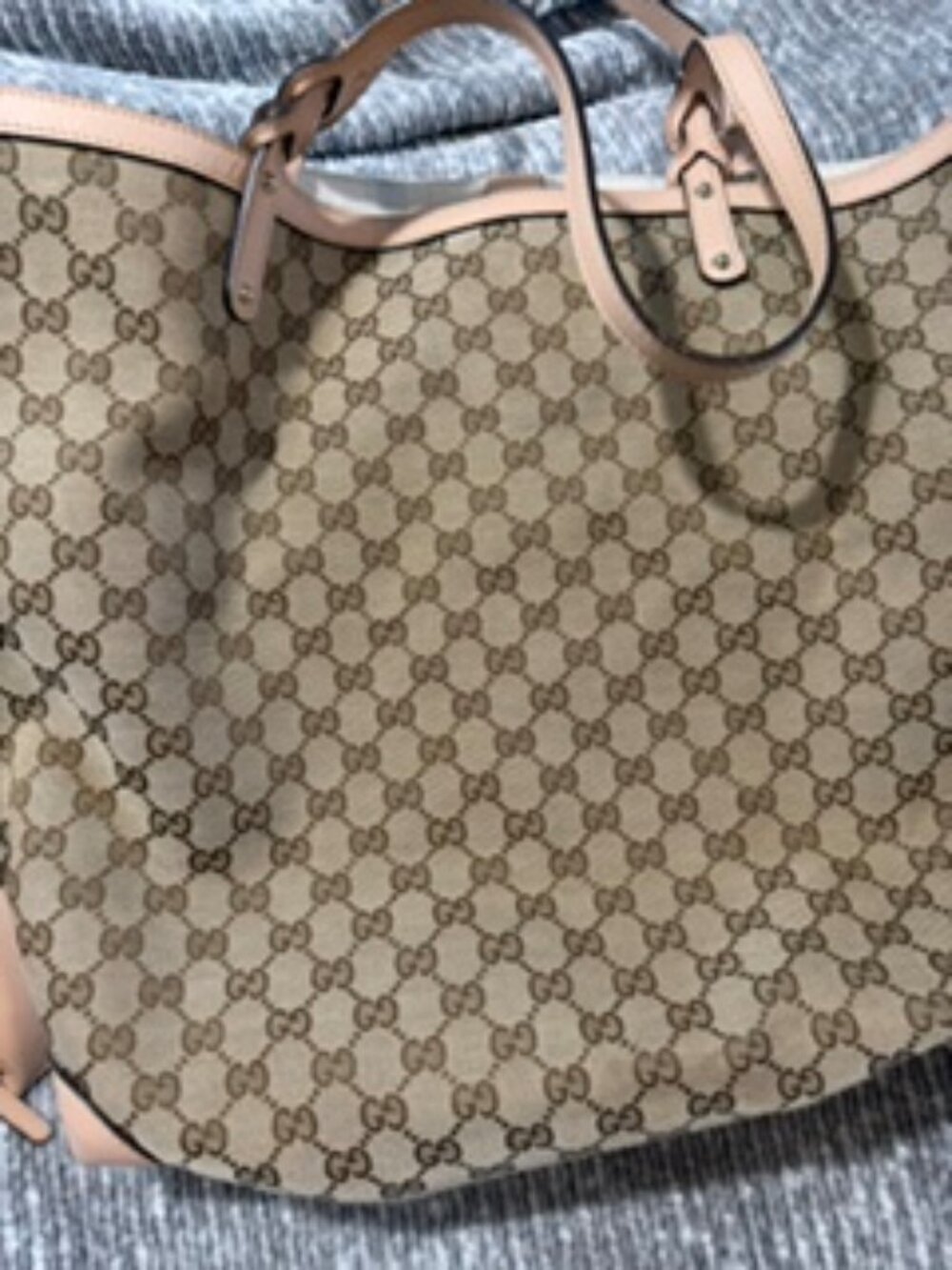 Gucci Authentic Large GG Canvas Craft Tote with Beige Leather Trim & Pouch